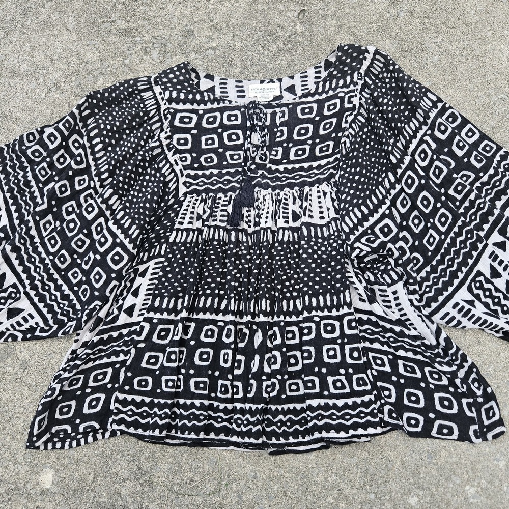 Denim & Supply Ralph Lauren Baggy Boho Shirt Black Puff Sleeve Oversized Tunic